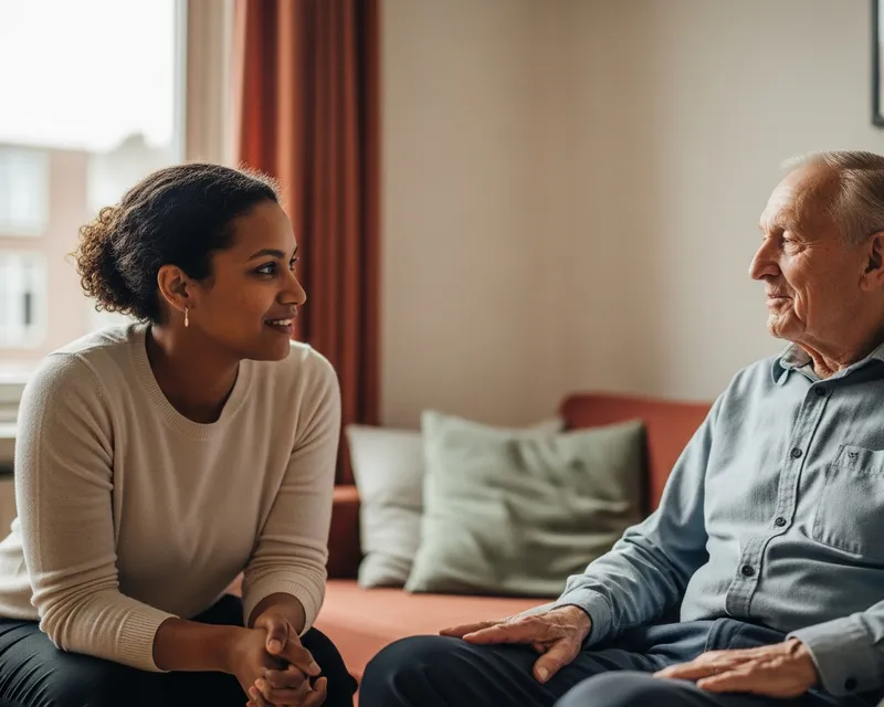 Een rustig gesprek tussen een begeleider en een inwoner