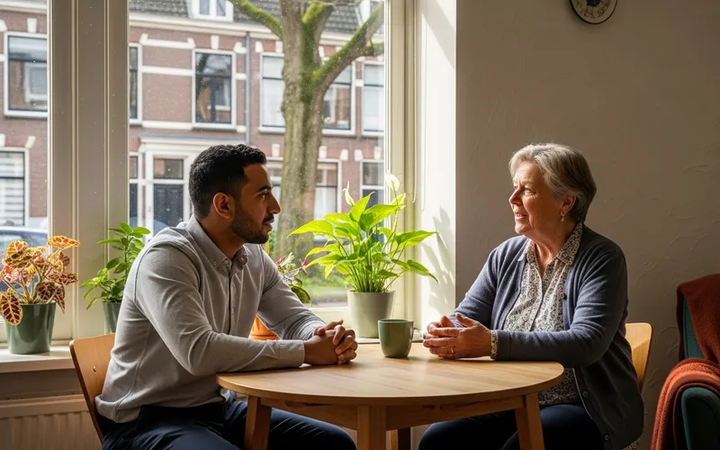 Een begeleider in gesprek met een inwoner bij 7Dagen
