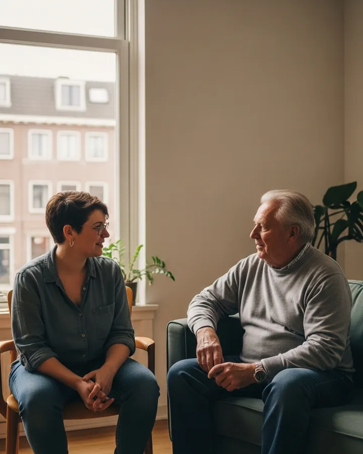 Een medewerker van 7Dagen in gesprek met iemand die ze begeleiden